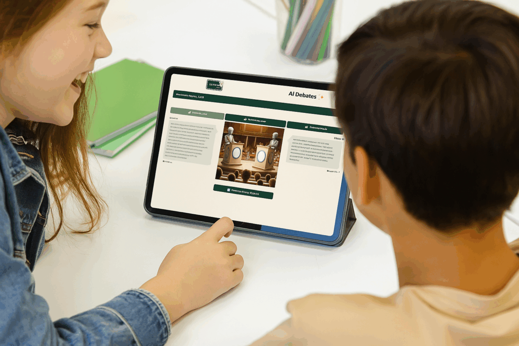 Two students sitting at a white classroom desk use an iPad showing an AI debate screen, with one smiling and the other turning to talk.